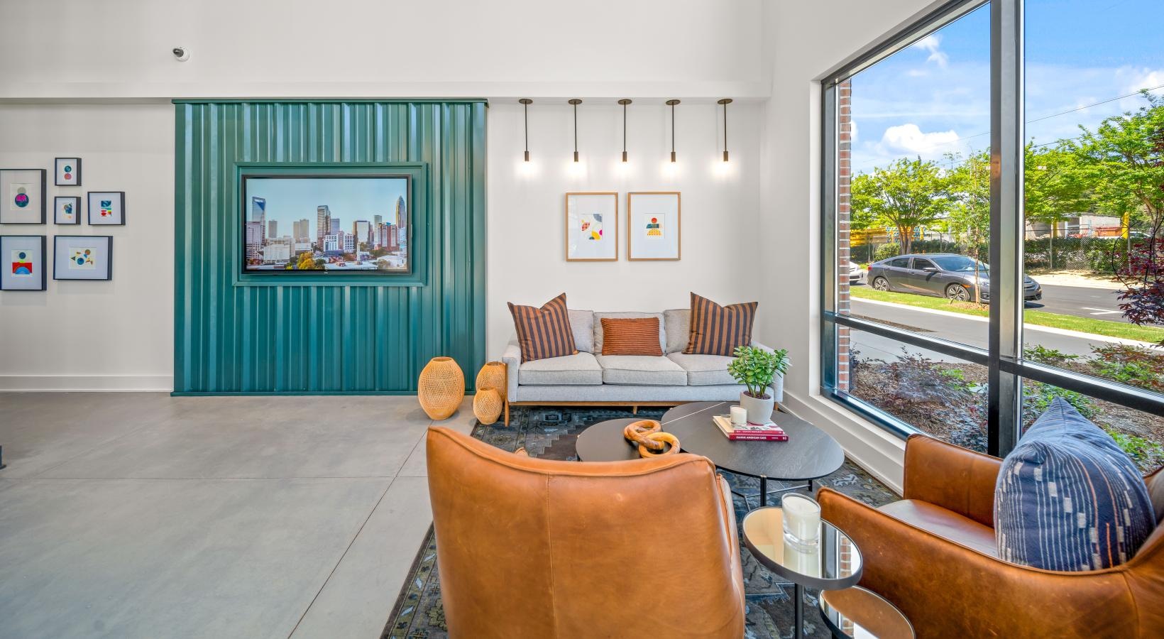 Sleep in style a living room with a large window