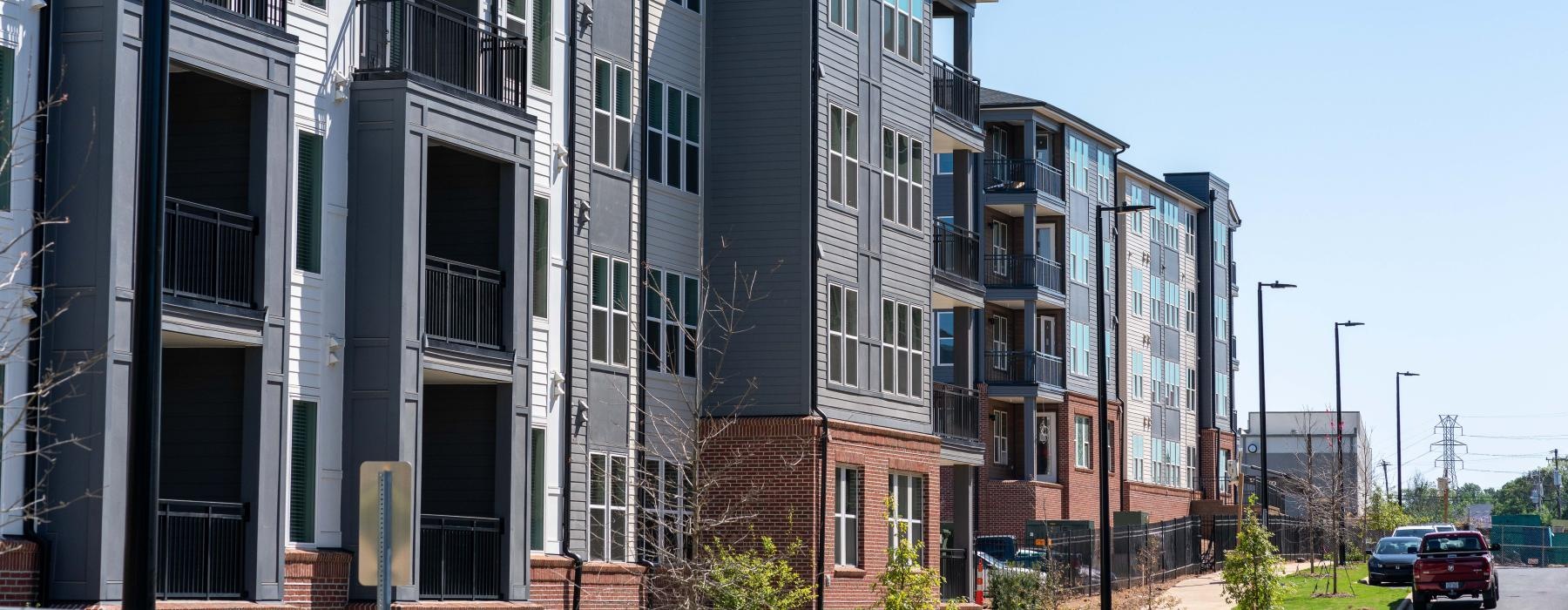 a row of apartment buildings